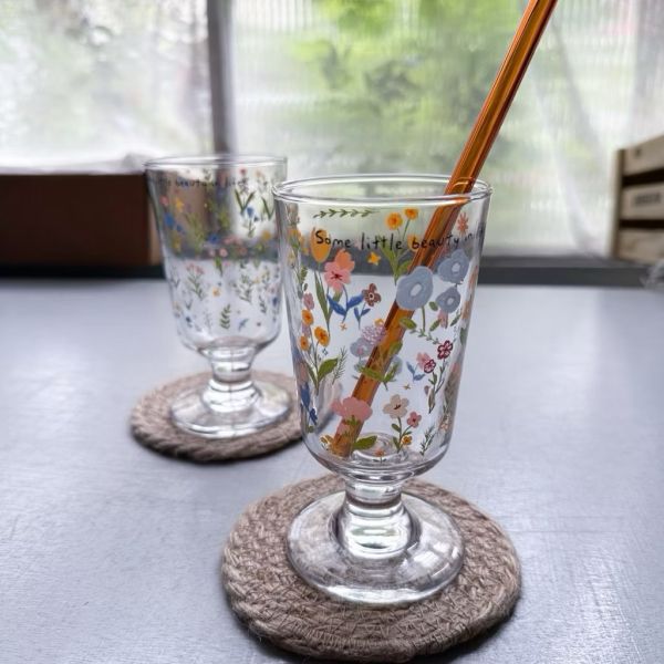 日系花朵高腳玻璃杯 