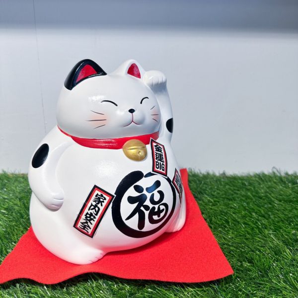 日本製/ 萬古燒巨胖白招財貓存錢筒 