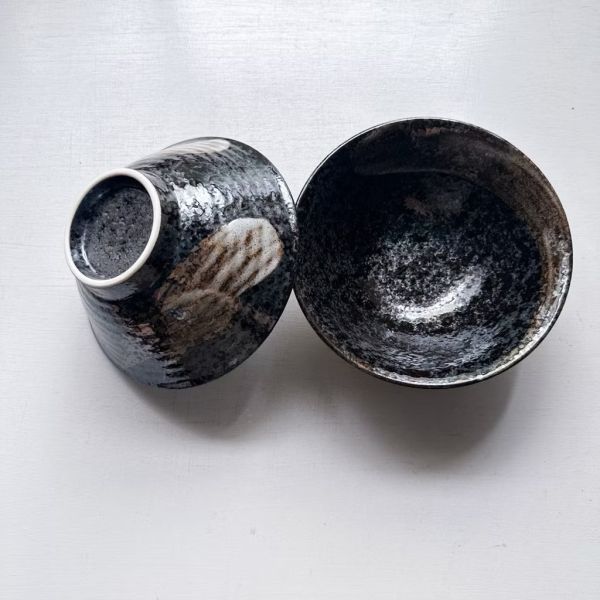 日本製/ 天目黑刷紋釉染大碗公 