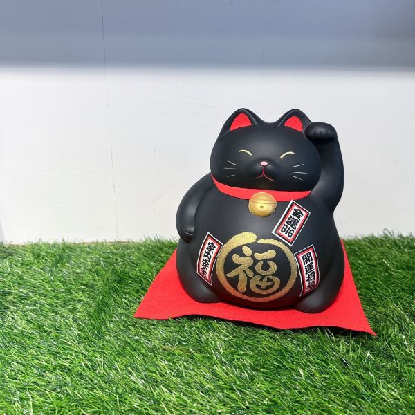 日本製/ 萬古燒巨胖大黑招財貓存錢筒 