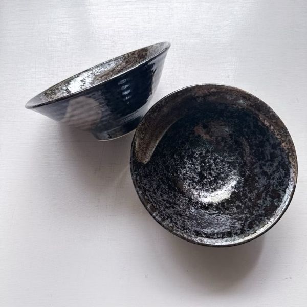 日本製/ 天目黑刷紋釉染大碗公 