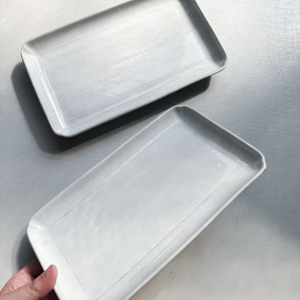 日本製/粉引灰白線長方皿24cm 