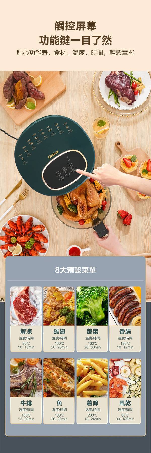 【黑店9481】Glolux 3.5L透明全景智慧晶鑽氣炸鍋全套組(1200W大功率/原廠保固) 