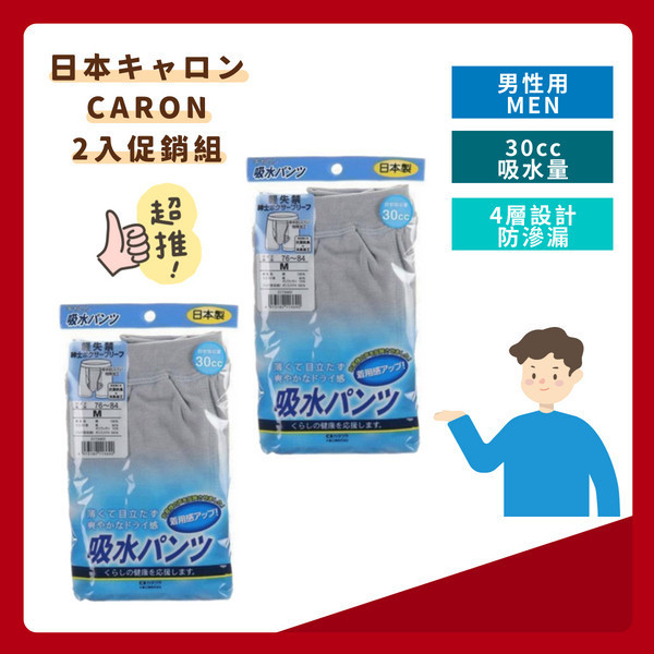 日本CARON男士輕微漏尿速吸平口防漏內褲(30c.c.)-2入促銷組 男性,輕度,漏尿,防護,速吸,尿用,內褲,滴尿