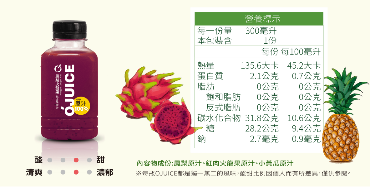 (冷藏)OJUICE/冷壓鮮榨鳳梨火龍果汁/300ml Ojuice,火龍果,鳳梨,花青素