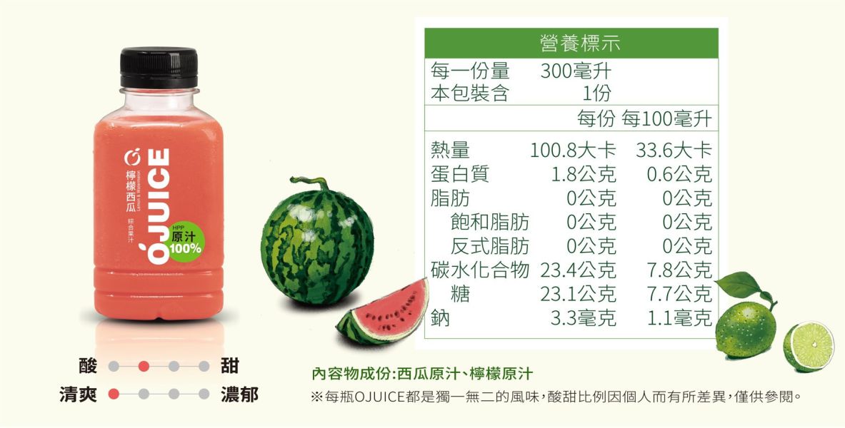 (冷藏)OJUICE/冷壓鮮榨西瓜檸檬綜合果汁/300ml OJUICE,西瓜,檸檬,維生素C,膳食纖維