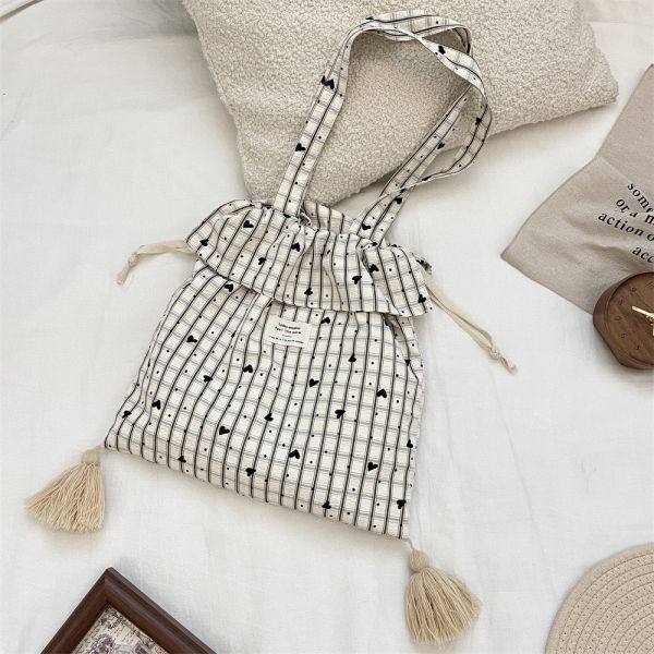 流蘇格子愛心肩背包 流蘇格子愛心肩背包