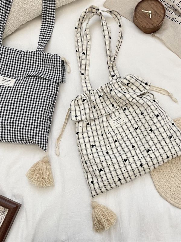 流蘇格子愛心肩背包 流蘇格子愛心肩背包