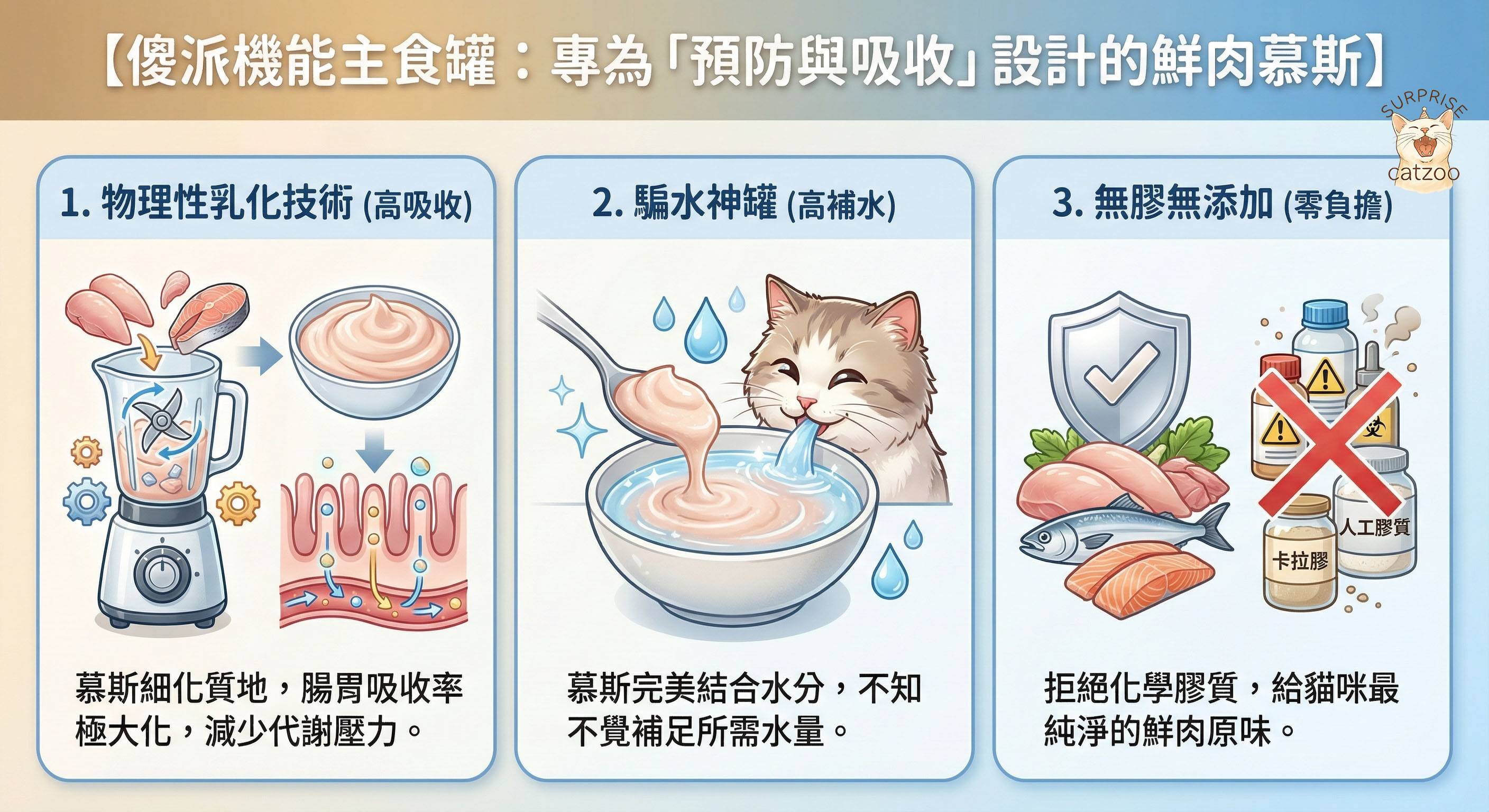 傻派低磷機能主食罐特色-物理性乳化慕斯質地好吸收-貓咪補水騙水神罐首選-無膠無添加原生鮮肉零負擔