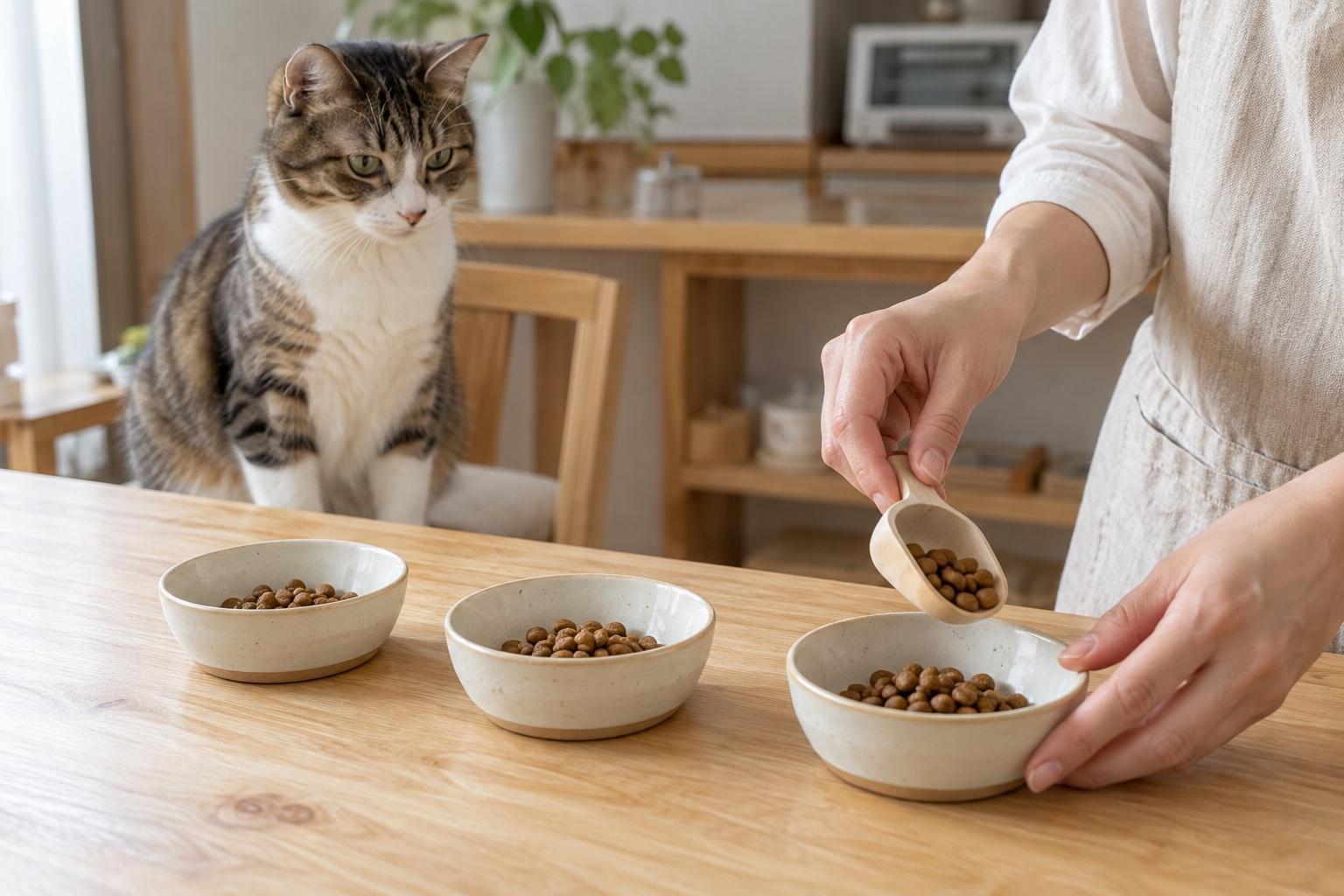 飼主將乾糧分裝到三個陶瓷碗中，白胸虎斑成貓在旁觀看