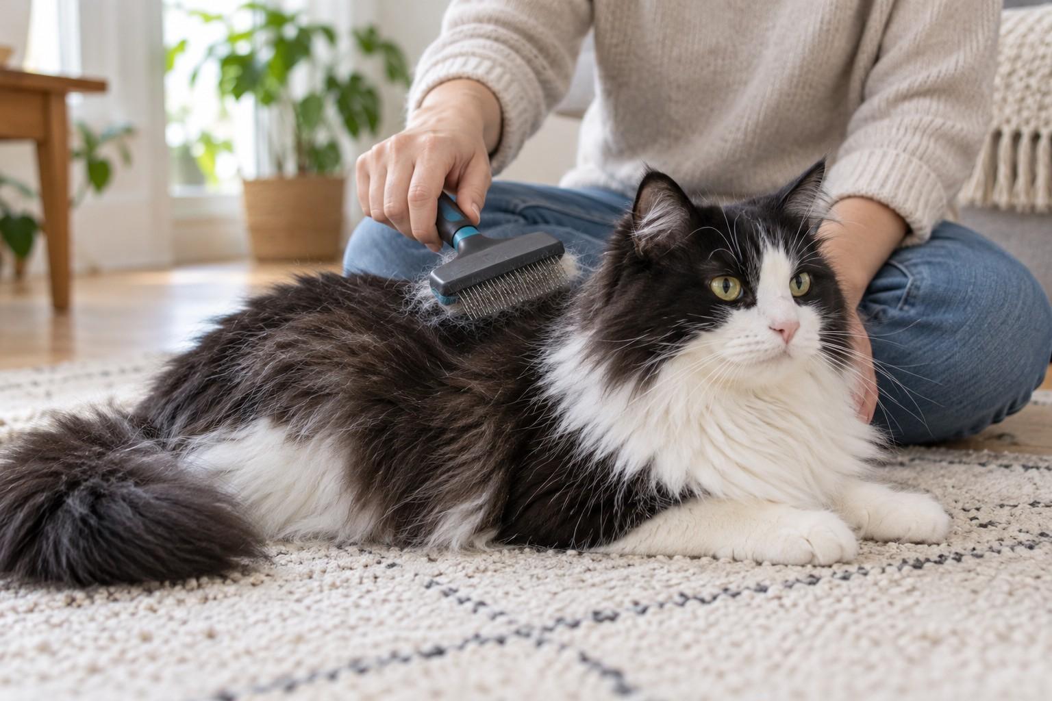飼主為趴在淺色地毯上的黑白長毛貓梳理背部毛髮