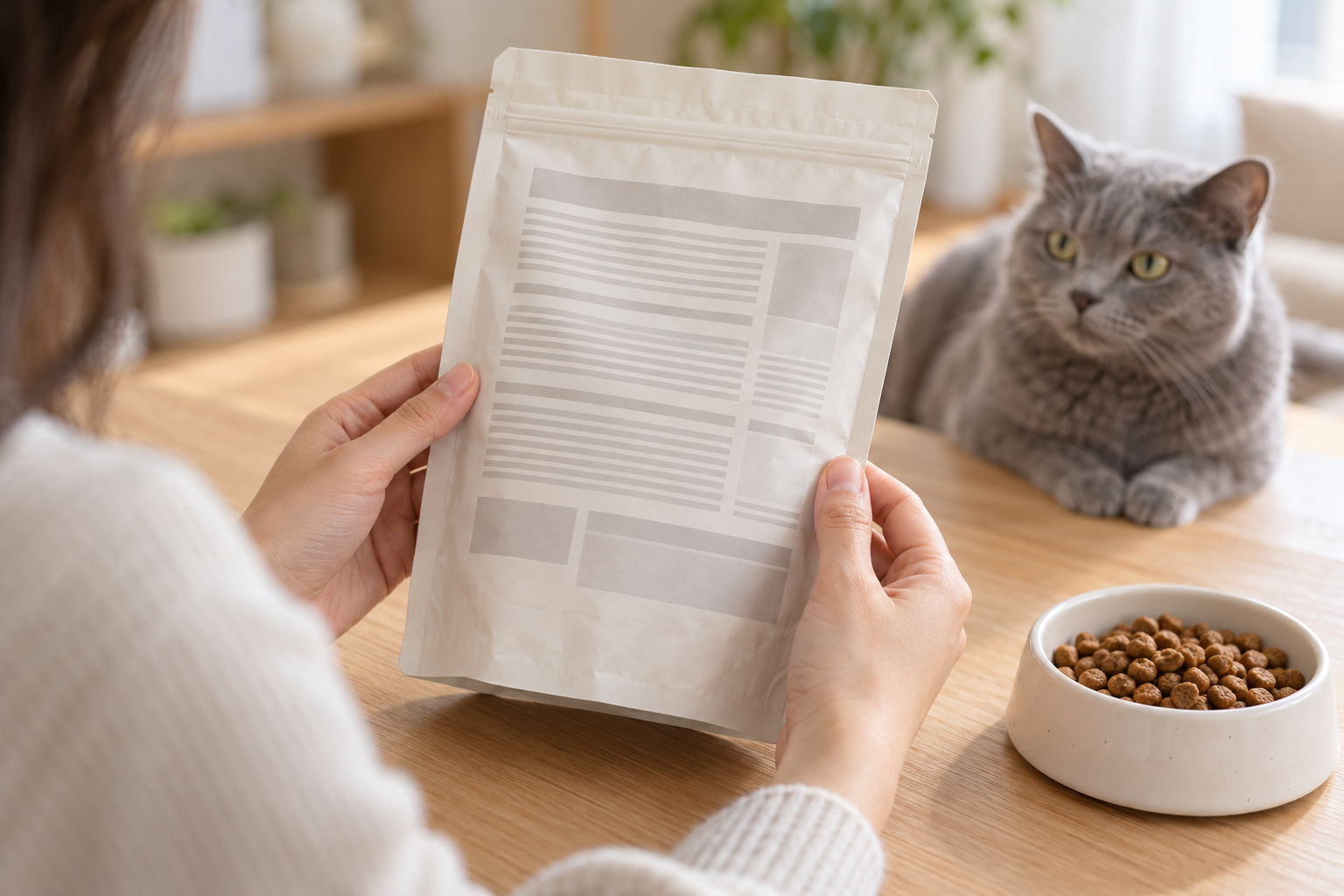 飼主查看飼料包裝背面，旁邊放有乾糧碗與成貓