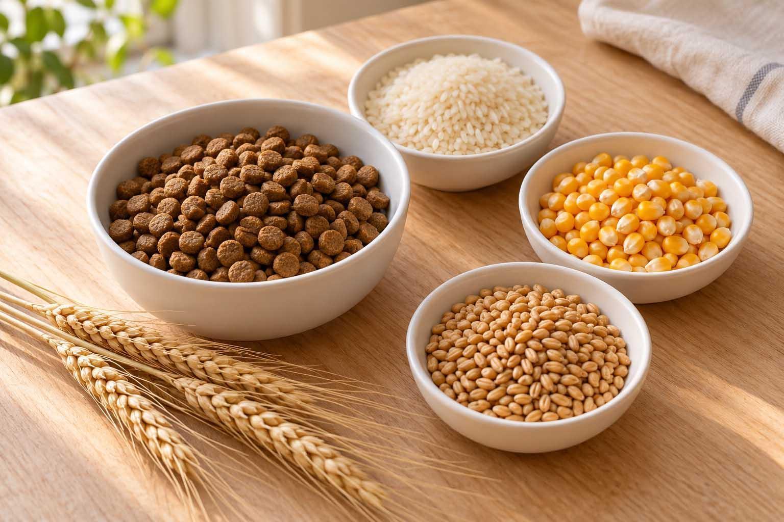 乾糧、米、玉米與小麥分別放在碗中的原料示意