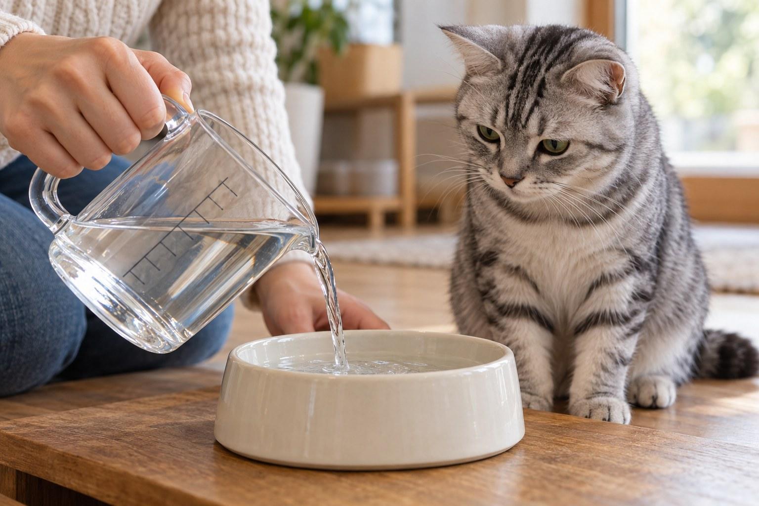 飼主使用透明量杯將水倒入陶瓷水碗,虎斑貓在旁觀看