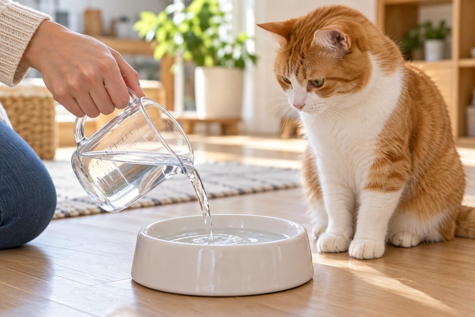 飼主使用透明量杯將清水倒入白色水碗,橘白貓坐在旁邊觀看