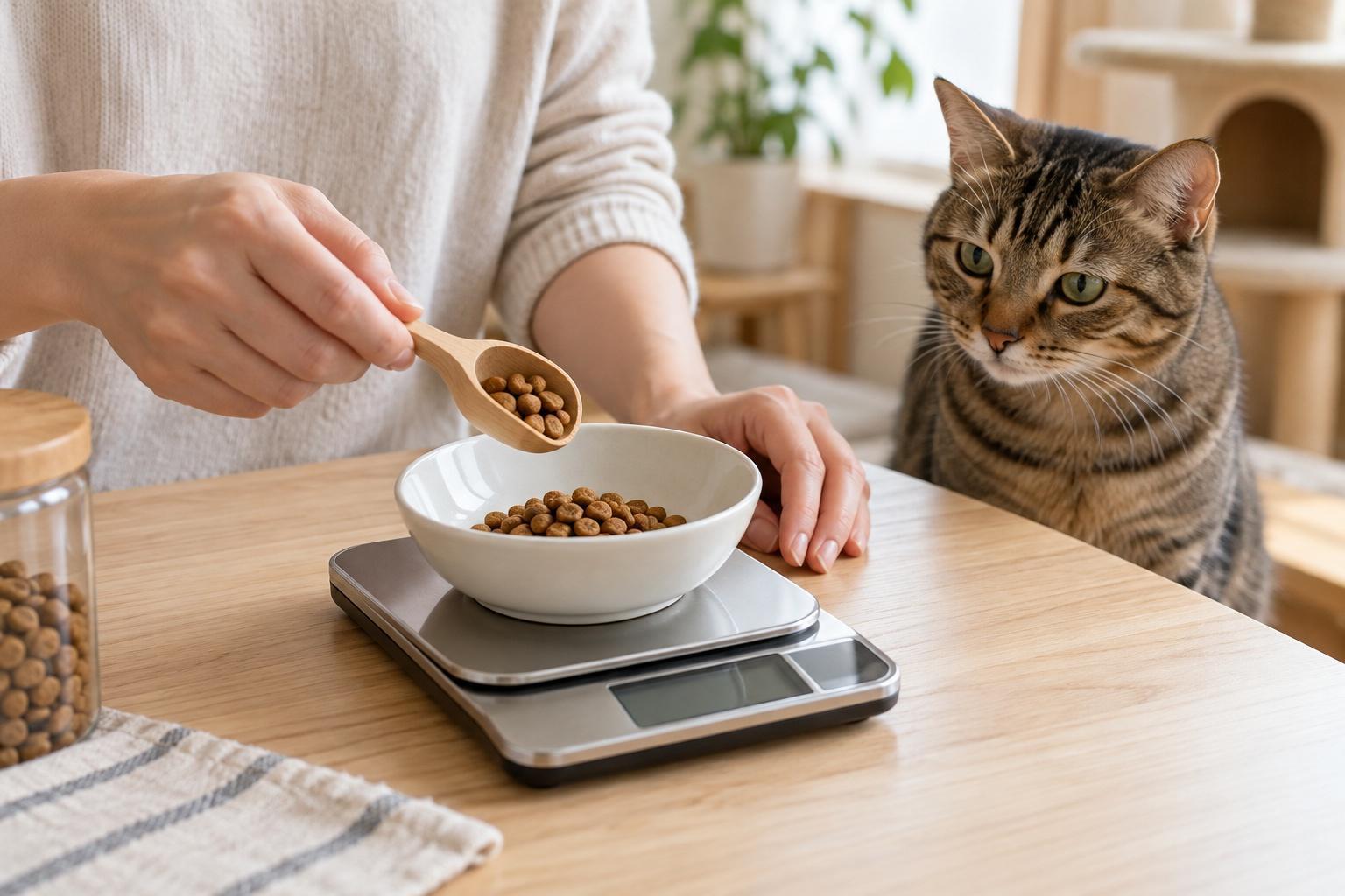 飼主將乾糧加入電子秤上的白色碗中，虎斑成貓在旁觀看