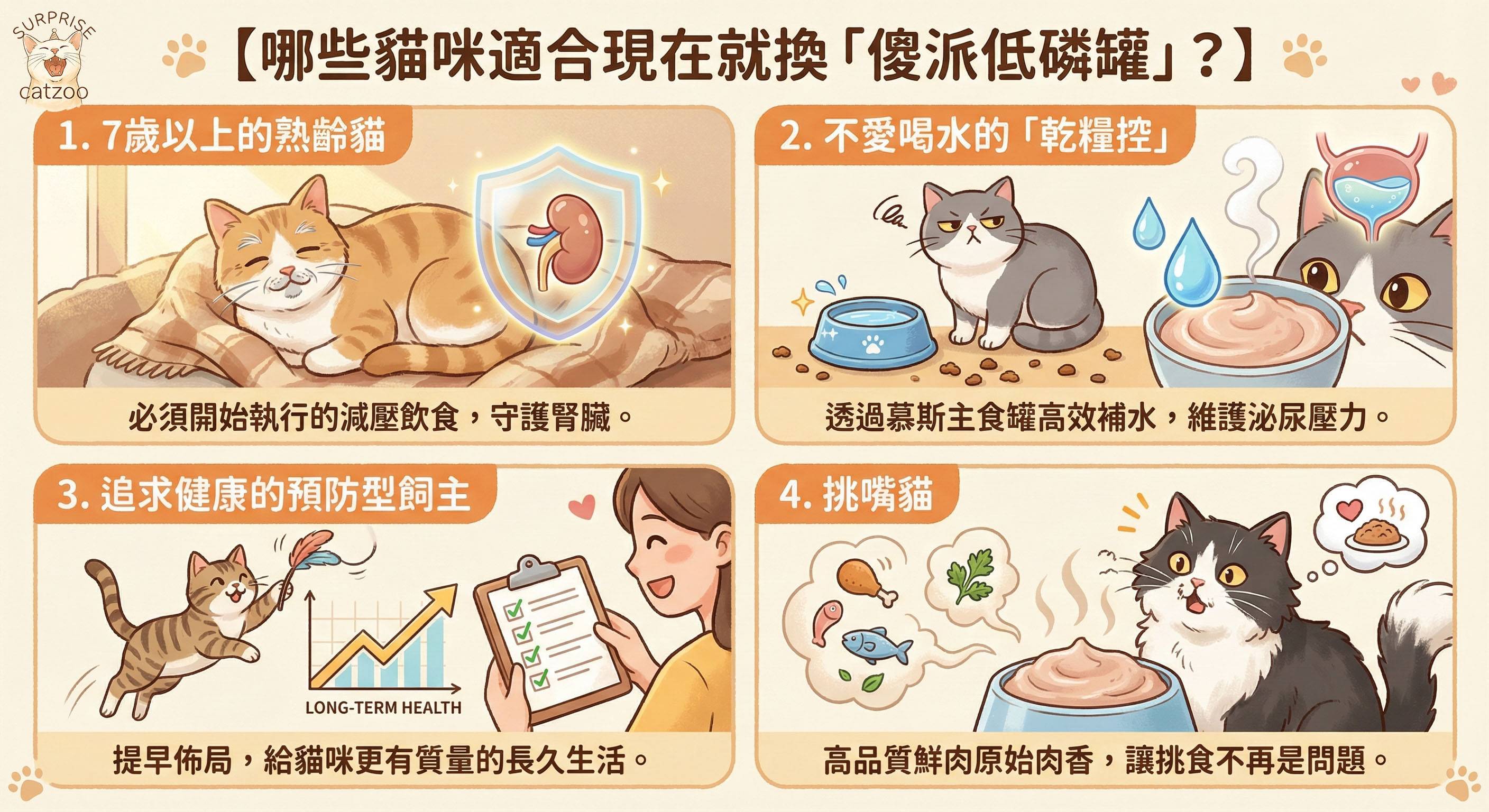 適合吃傻派低磷貓罐頭的四種貓咪-7歲熟齡貓-不愛喝水乾糧控-預防型飼主-挑嘴貓