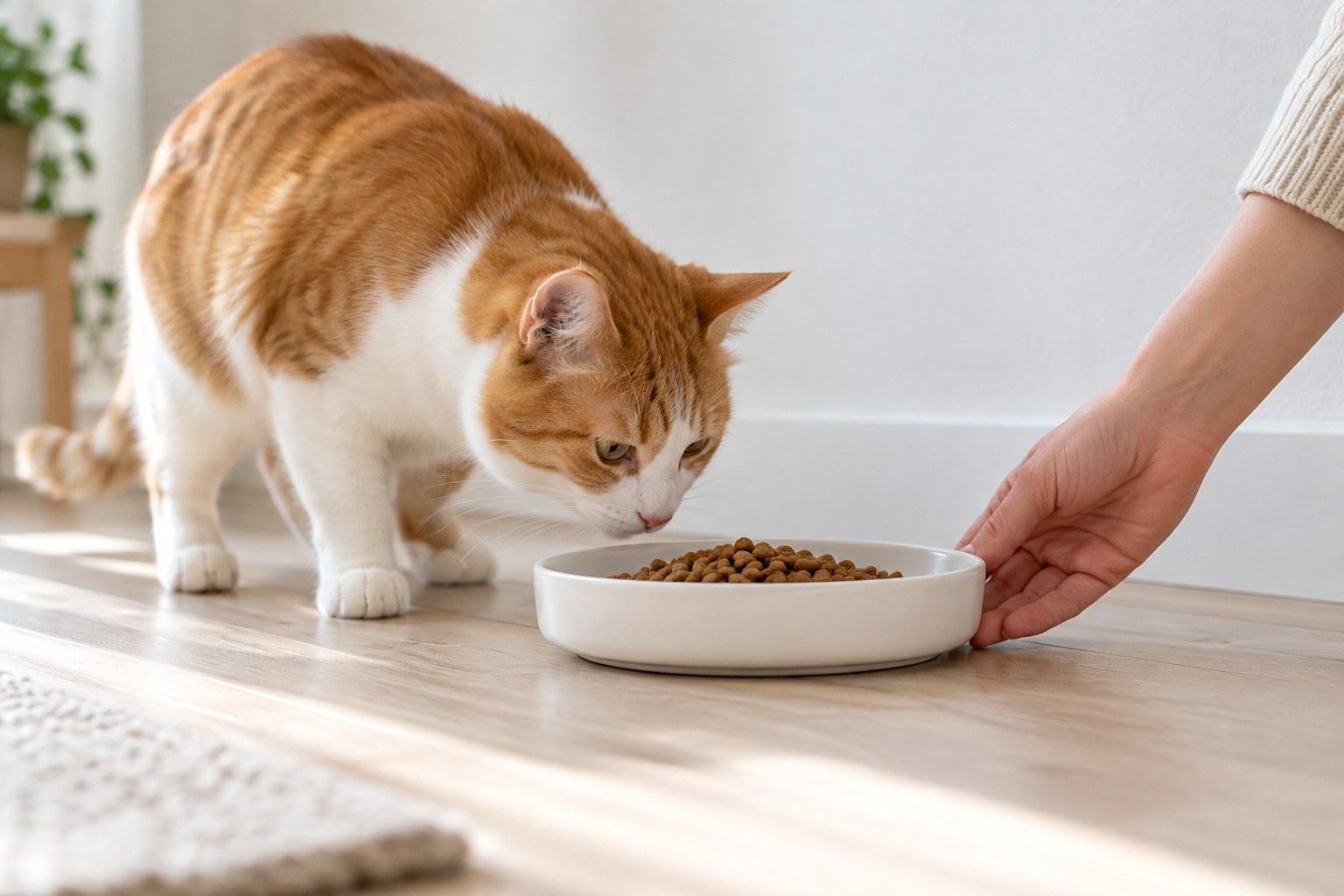 飼主將白色淺盤放在安靜的角落，橘白貓主動靠近聞乾飼料