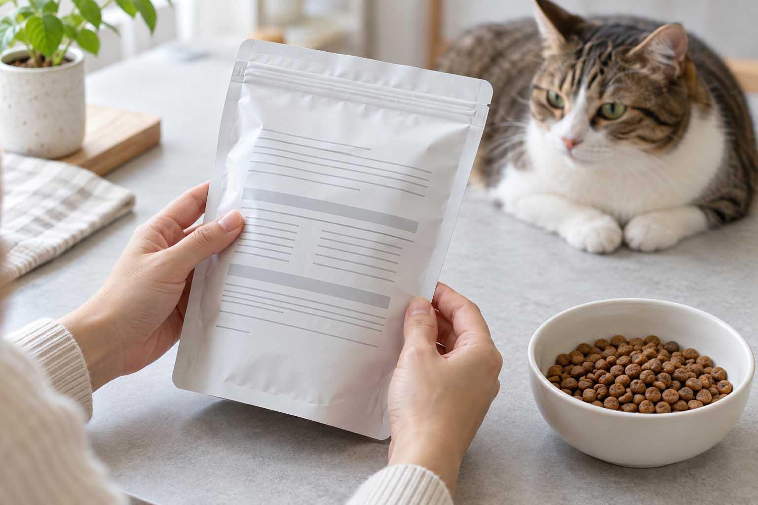 飼主查看飼料包裝背面的標示，旁邊放有乾糧碗與虎斑成貓