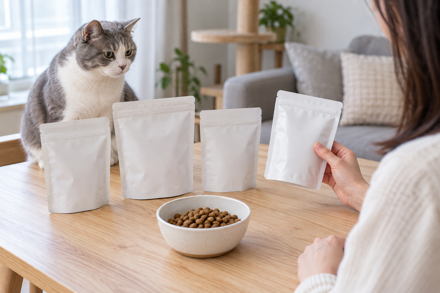 飼主比較四包飼料，桌上放有乾糧碗，灰白成貓在旁觀察