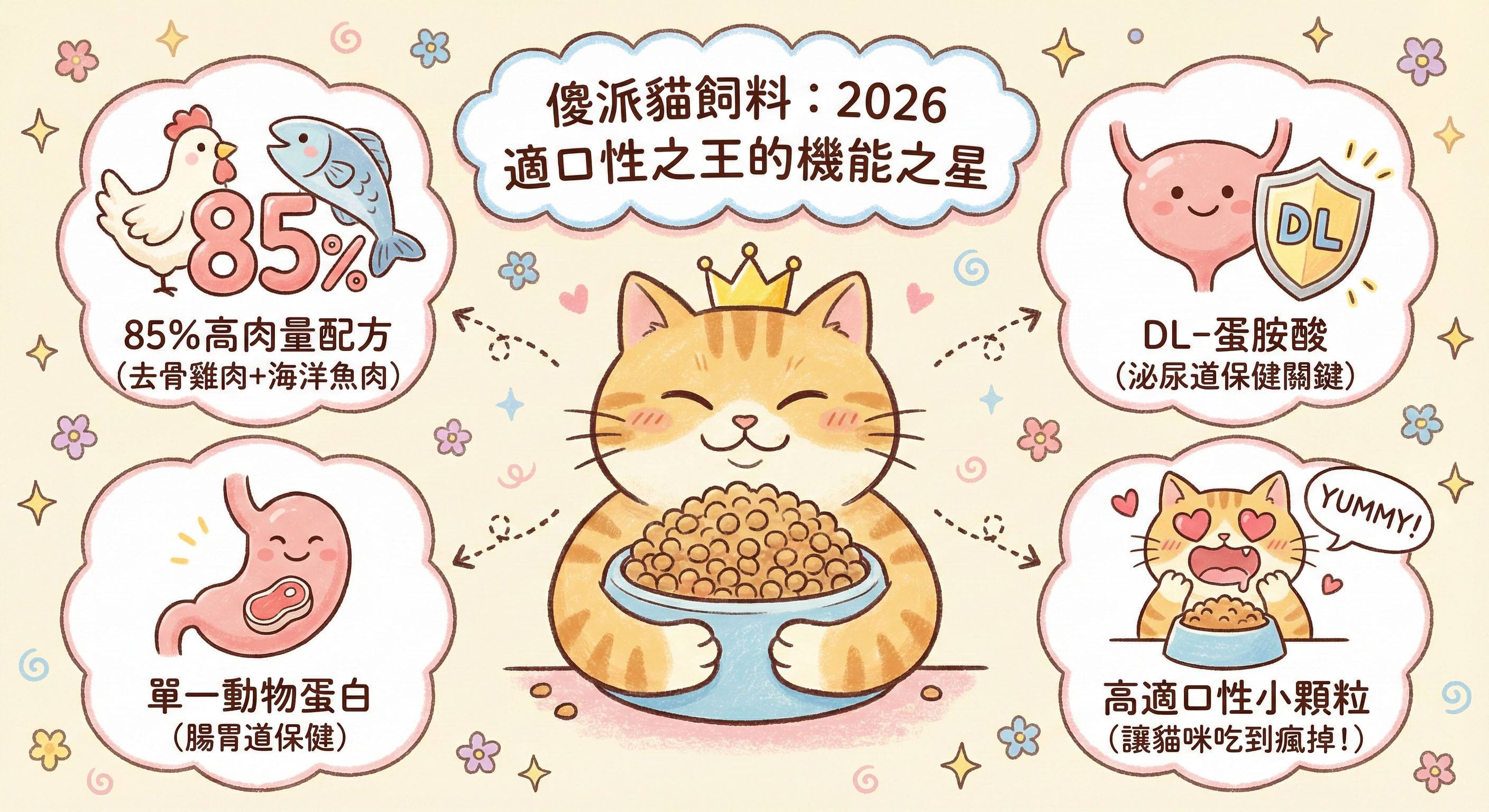 適口性之王主打 85% 高肉量（去骨雞肉與海洋魚肉）、添加 DL-蛋胺酸守護泌尿道保健、單一動物蛋白維持腸胃道健康，專為挑嘴貓設計的高適口性小顆粒。