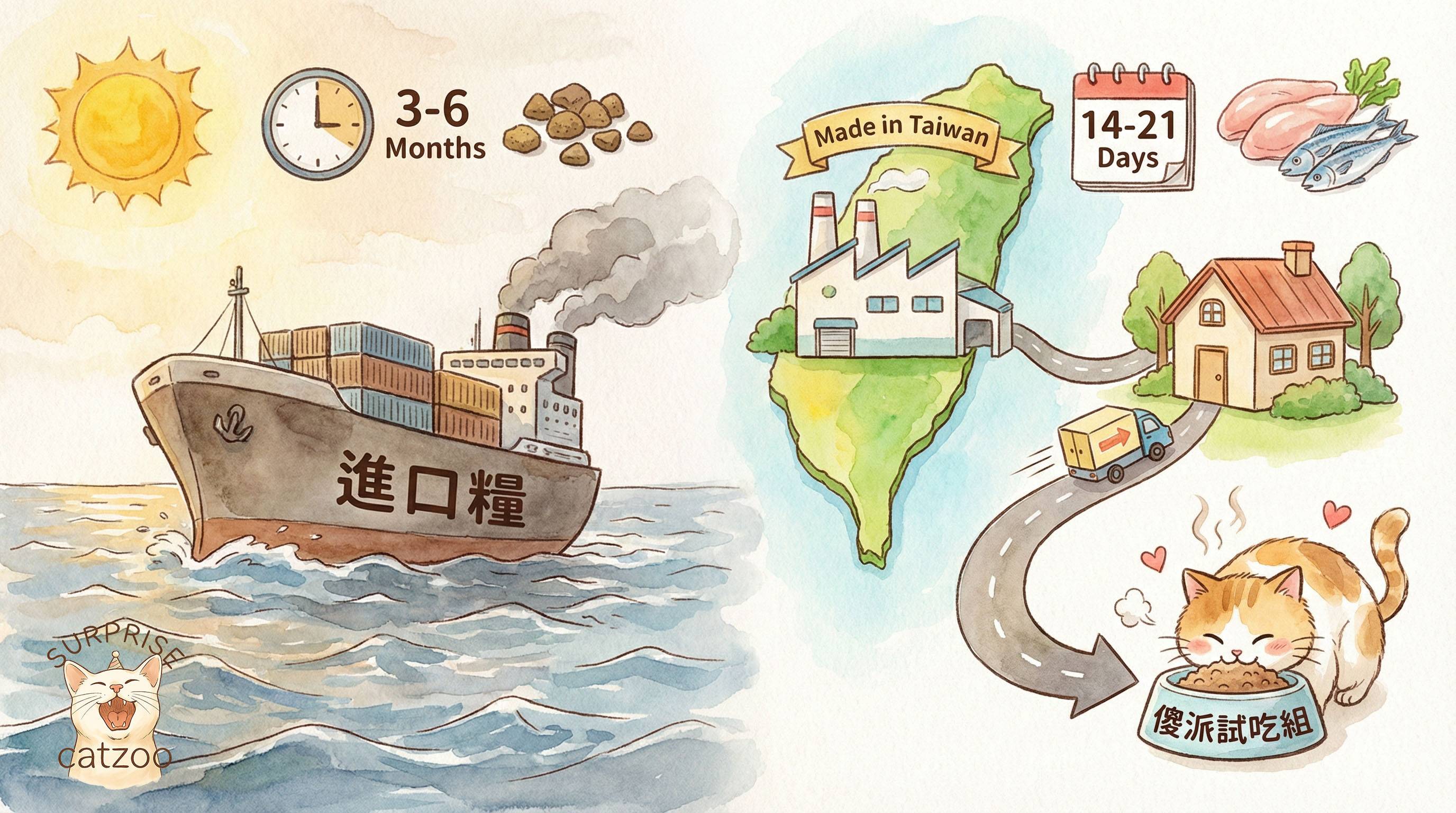 貓飼料新鮮度對比插畫：左側為進口糧經 3-6 個月長途海運，右側為台灣品牌傻派在地生產 14-21 天新鮮直送，展現挑嘴貓喜愛的極致新鮮感。