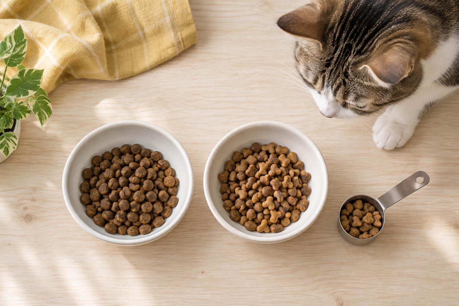 莫比貓飼料不同乾糧外觀與餵食份量比較情境示意