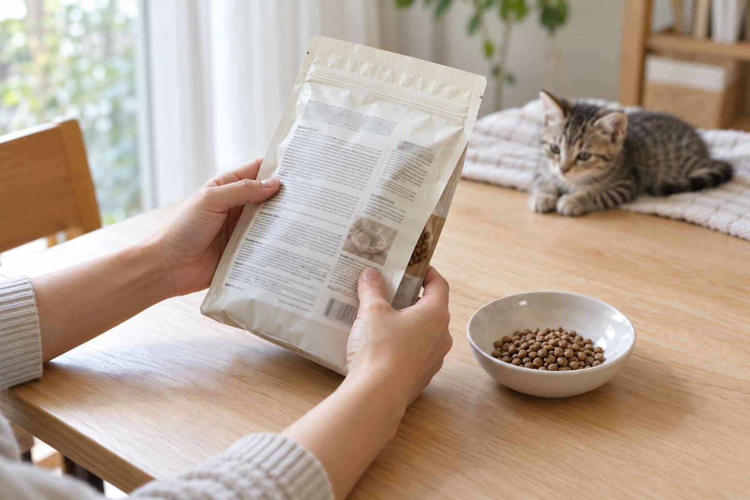 飼主查看貓飼料包裝標示，桌上放有乾糧碗