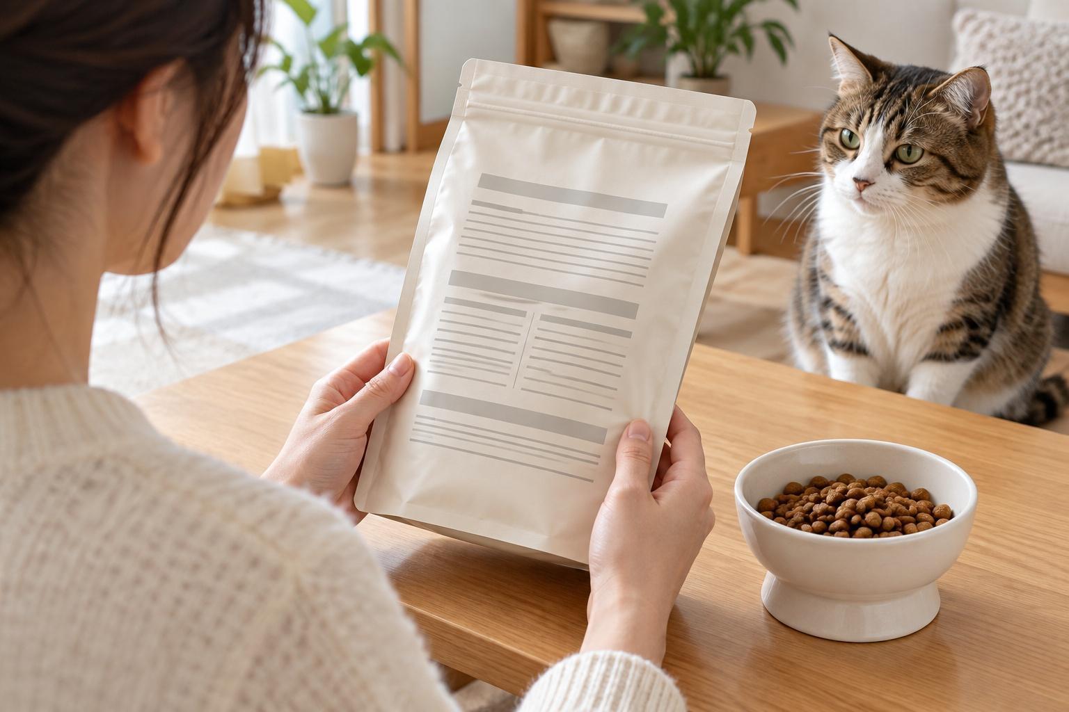 飼主查看飼料包裝背面的標示，虎斑成貓與乾糧碗在旁