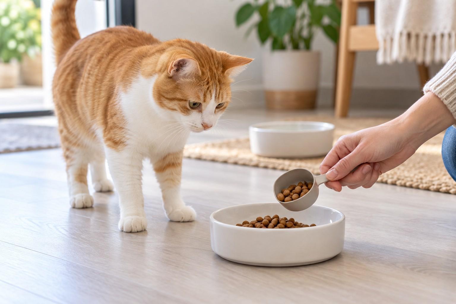 橘白貓站在白色食碗旁,飼主用小匙分裝乾飼料,後方另放清水碗