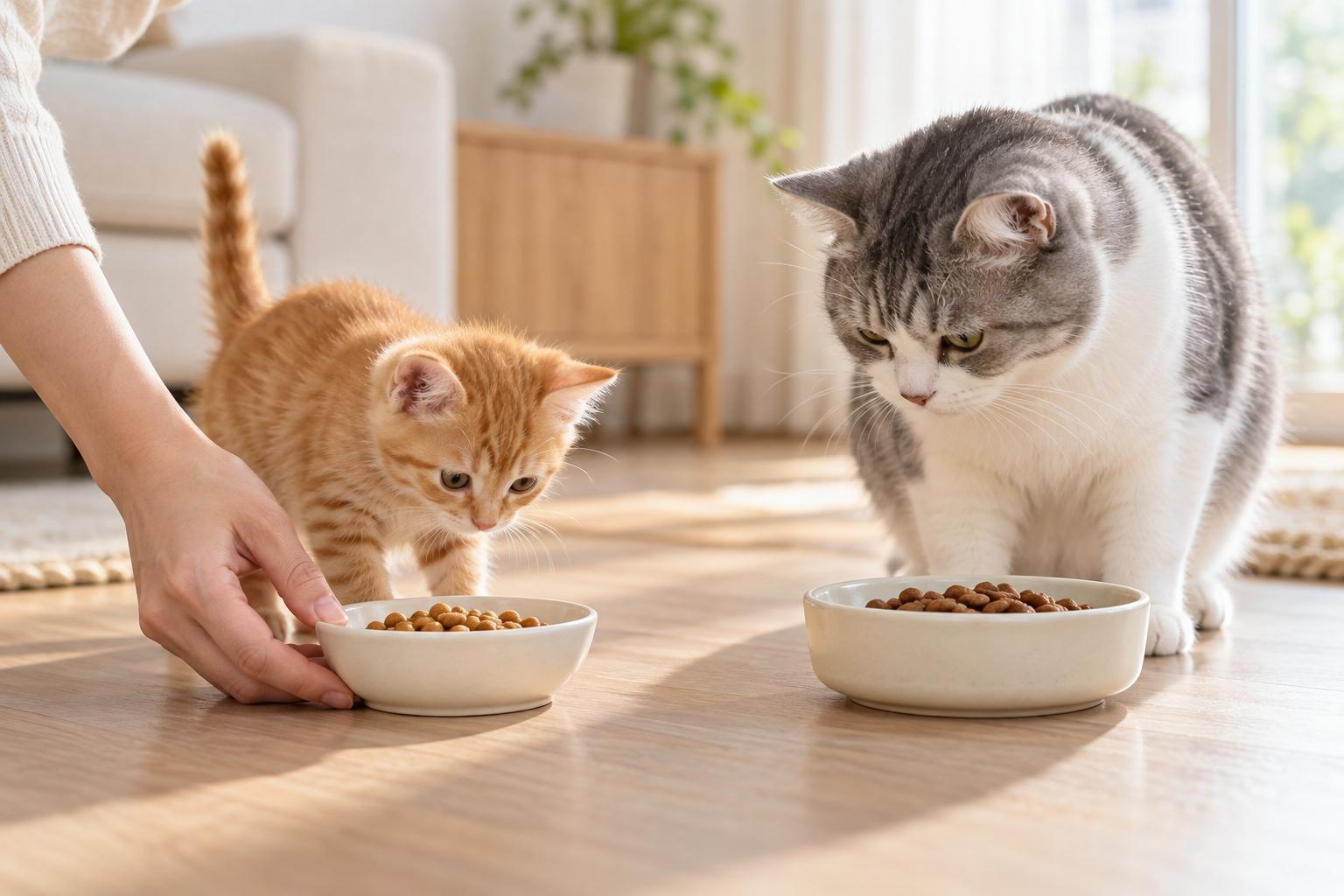 飼主替橘色幼貓放下乾糧碗，灰白成貓在另一個碗旁觀察