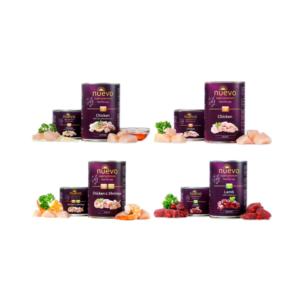 Nuevo 新歡醇情主食罐 200g／400g 幼貓鮮雞、雞蝦雙拼、彈跳美鮭與老貓羊肉口味整理