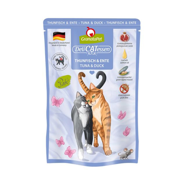 GranataPet 葛蕾特精緻食光貓主食餐包 85g 葛蕾特精緻食光是德國製全價貓主食餐包,收錄幼貓禽肉與成貓多種肉源配方,完整整理12款成分、蛋白質、脂肪、水分、鈣磷、牛磺酸、營養添加物與熱量。