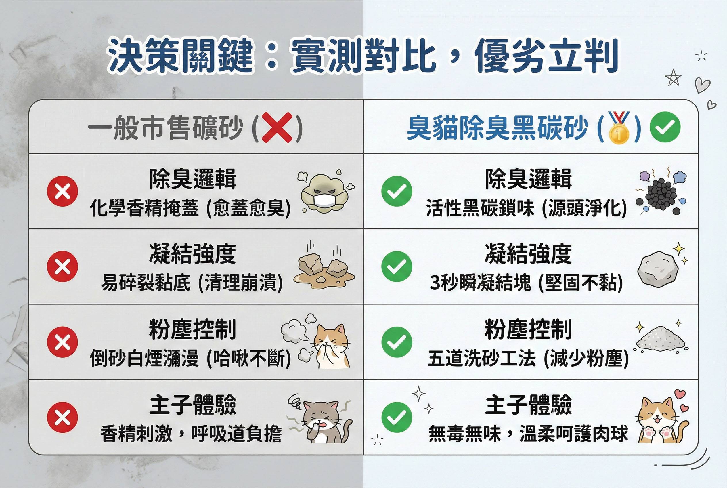實測對比：一般市售礦砂與臭貓動物園除臭黑碳砂差異。