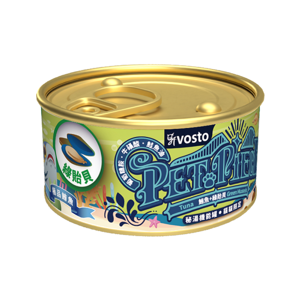 VOSTO沃司托秘湯機能金罐 80g鮪魚基底湯汁副食罐,六種海陸口味添加離胺酸、牛磺酸與磷蝦油,適合全齡貓日常加餐。