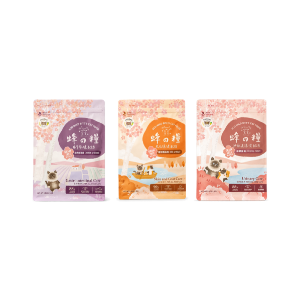 Munchee 貪貪蜂之糧低敏無穀貓飼料 1.8kg／5kg 貪貪蜂之糧以三款機能無穀配方搭配凍乾噴灑,可作為全齡貓的日常主食。