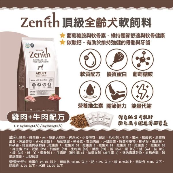 韓國Zenith軟式狗飼料 1.2kg與3kg規格,幼母犬、全齡犬與高齡體控犬配方