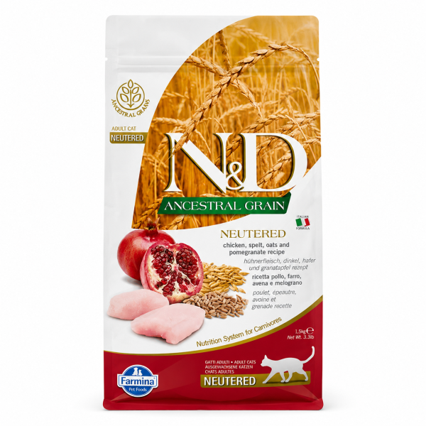 N&D 法米納天然低穀貓飼料 LC1／LC4 LC1 雞肉石榴成貓配方與 LC4 室內結紮貓配方,依活動量與體態管理需求挑選。