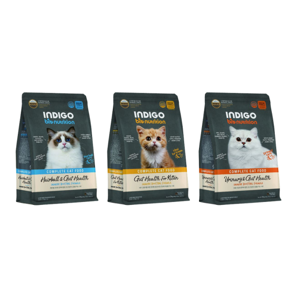 indigo英迪格有機貓飼料 幼貓腸胃、成貓化毛腸胃與泌尿腸胃三款配方,採獨立小包裝並添加專利益生菌。