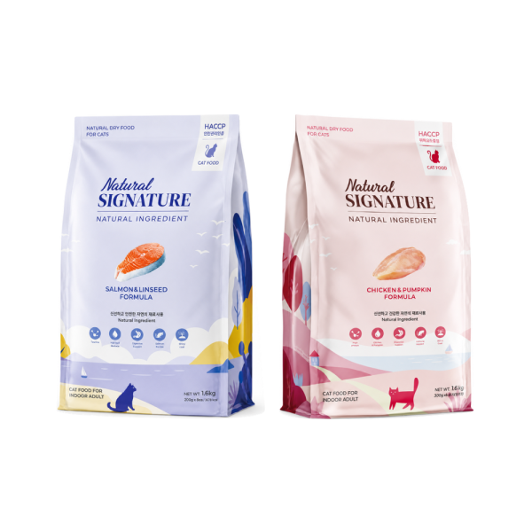 Natural Signature 自然印記有機貓飼料 1.6kg／4.8kg Natural Signature自然印記有機貓飼料提供雞肉南瓜與鮭魚亞麻籽兩款配方,韓國製造並採獨立小包裝設計,方便日常取用與保存。