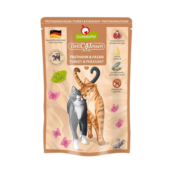 GranataPet 葛蕾特精緻食光貓主食餐包 85g 葛蕾特精緻食光是德國製全價貓主食餐包,收錄幼貓禽肉與成貓多種肉源配方,完整整理12款成分、蛋白質、脂肪、水分、鈣磷、牛磺酸、營養添加物與熱量。