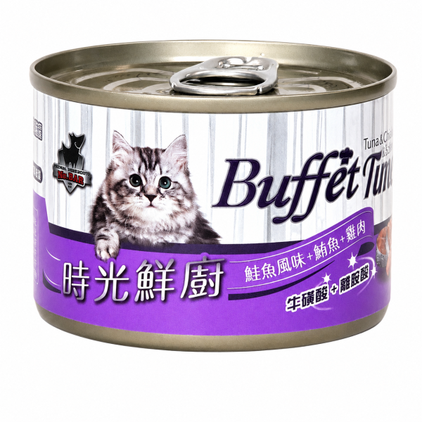 時光鮮廚化毛全效貓罐頭160g 鮪魚與雞肉搭配四種風味,讓日常佐餐與多貓分食更方便