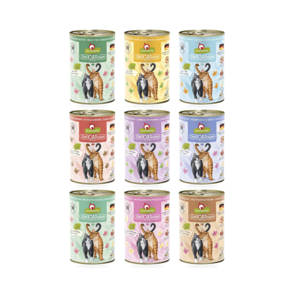 GranataPet 葛蕾特精緻食光無穀主食罐 德國製完整濕食主食,提供幼貓與成貓12款現售配方,完整整理各口味肉源、成分、營養添加物、鈣磷與代謝能。