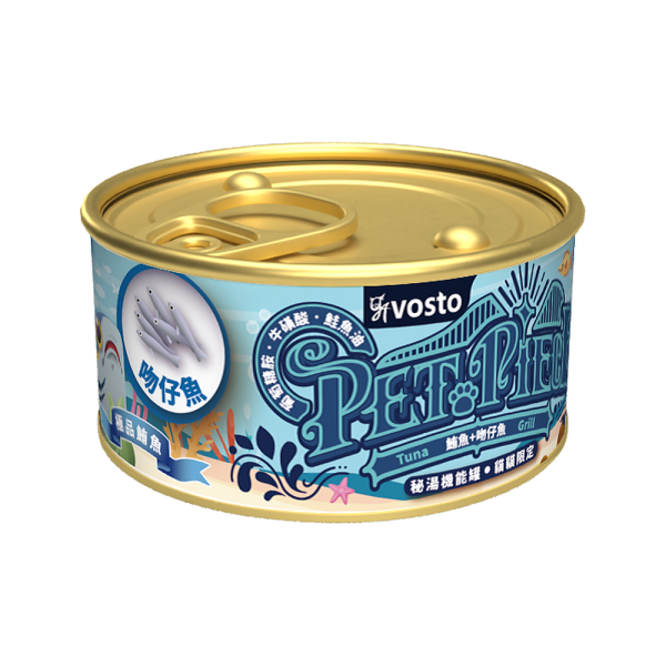 VOSTO沃司托秘湯機能金罐 80g鮪魚基底湯汁副食罐,六種海陸口味添加離胺酸、牛磺酸與磷蝦油,適合全齡貓日常加餐。
