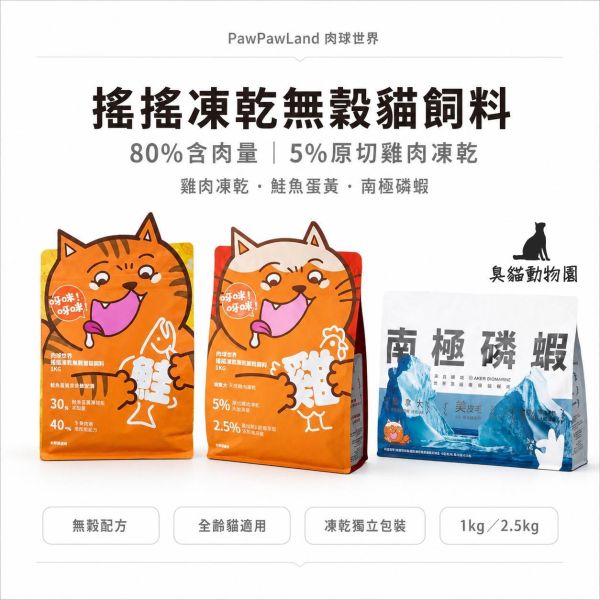 肉球世界搖搖凍乾無穀貓飼料 80%含肉量搭配原切雞肉凍乾,成分與營養分析整理