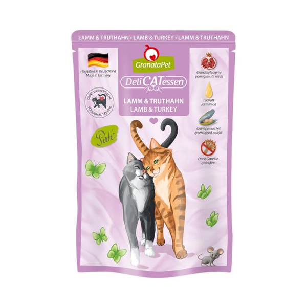 GranataPet 葛蕾特精緻食光貓主食餐包 85g 葛蕾特精緻食光是德國製全價貓主食餐包,收錄幼貓禽肉與成貓多種肉源配方,完整整理12款成分、蛋白質、脂肪、水分、鈣磷、牛磺酸、營養添加物與熱量。