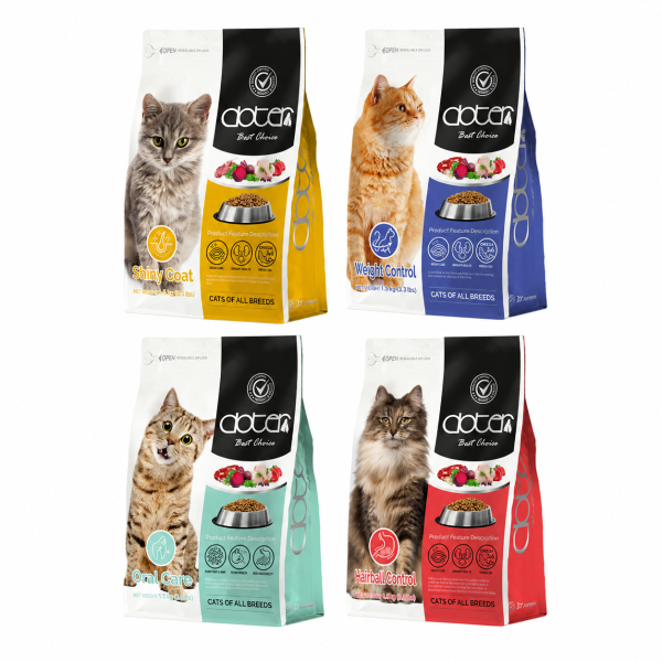 Doter 寵愛物語機能貓飼料 四款日常機能配方與三種包裝規格,方便依貓咪需求及家庭用量選擇