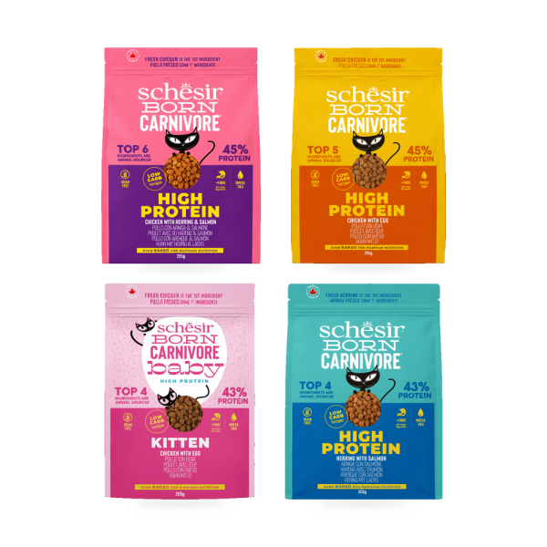 鮮時無穀貓飼料 Schesir 鮮時無穀貓飼料以43～45%蛋白質及9.8～12%低碳水配方,提供三款成貓與一款幼貓主食選擇。