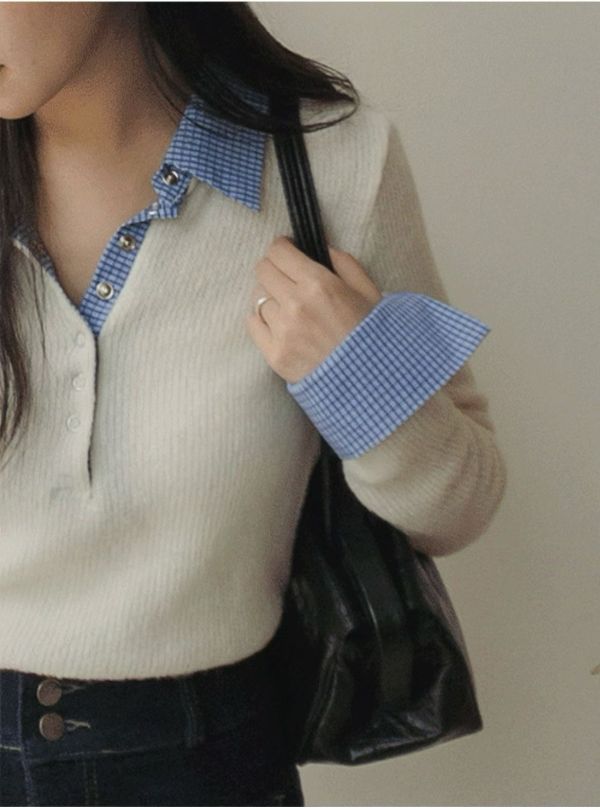 假兩件藍格紋針織衣 韓國 正韓 東大門 空運