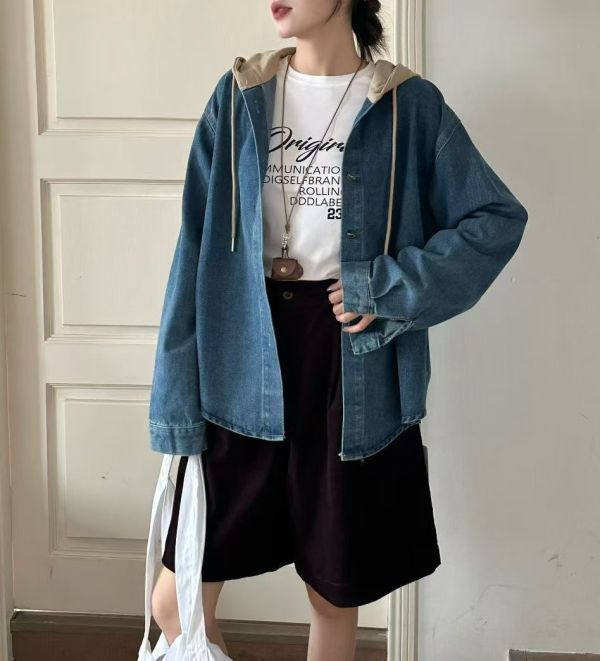 配色連帽長版牛仔外套 韓國 正韓 東大門 空運